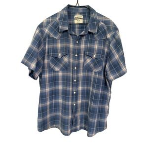 ARIAT Men's XXL Short Sleeve Button Up Pearl Snap Shirt Blue Cowboy Rodeo Ranch